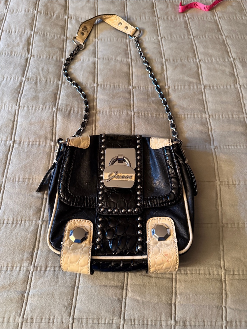 Guess Black and Cream Studded Shoulder Bag with Chain Strap